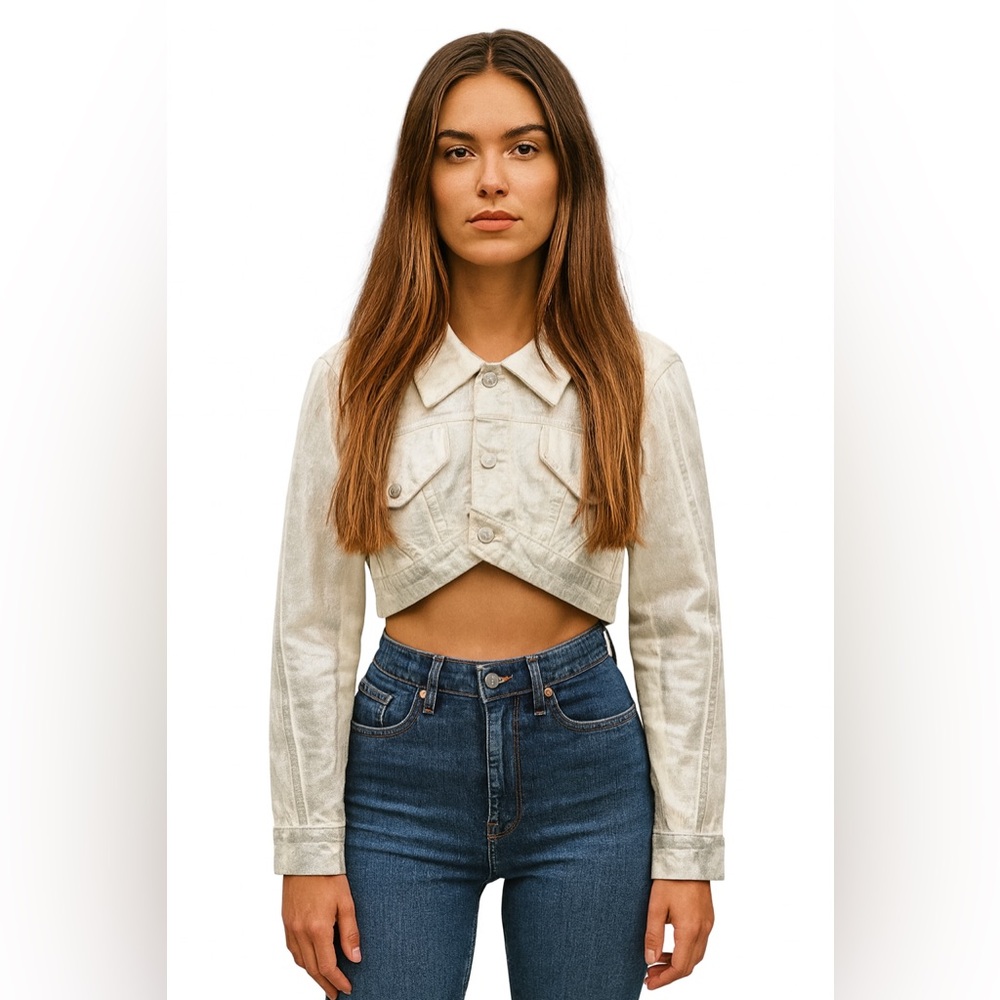 Zara Cropped Distressed Metallic Jean Jacket‎ NWT